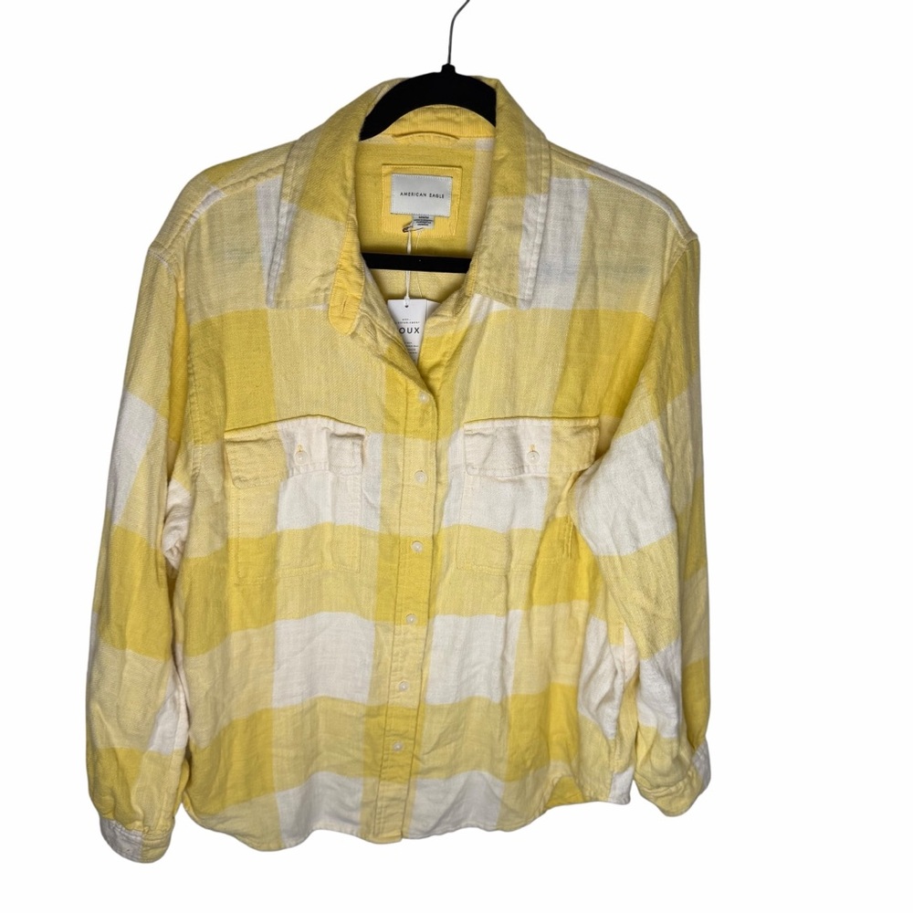 AEO Ah-mazingly Soft Button Down Yellow Plaid Flannel Shirt Medium NWT - Picture 3 of 8